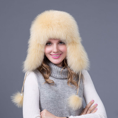 

FURART hot warm autumn&winter female Fox fur bomber hat snow cap fur womens hat ladies leather ear caps