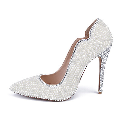 

White Pearl Fine heel Sharp single shoe Fashionable wedding banquet high heels
