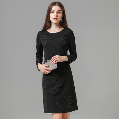 

Womens wool dress in winter female woolen dresses embroidery Stereo flower solid color elegant female spring dress plus sizes