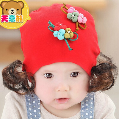 

Buebos Ninos 2015 New Autumn Cotton Baby Girl Cap Toy Flower Wig Curls Pattern Soft Crochet Knit Infant Beanie Cap Handmade Hats Christmas Party Gift