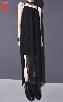 

chest 84-90cm casual new summer 2018 long sling chiffon dress women black backless straight beach mid calf faux two piece