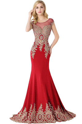 

Lace Applique Mermaid Prom Dresses Capped Sleeves Sheer Long Evening Dresses