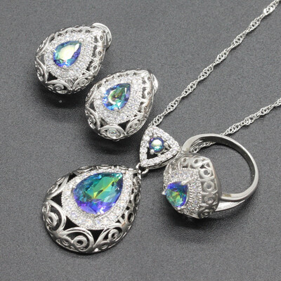 

Blue Stone Silver Plated Jewelry Sets for Women Necklace Clip Earrings Ring Four Colors Available Free Jewelry Box