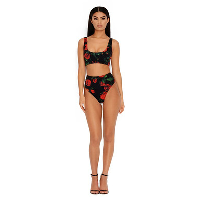 

2018 Womens Fashion Summer Sexy Swimwear Bikini Set Printing Black High Waist Split Swimsuit New Swimwear
