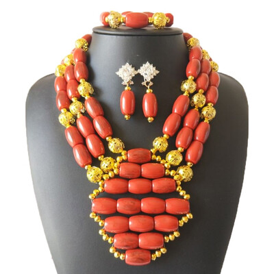 

Wedding African Beads Jewelry Set Handmade Red Imitation Coral Fashion Women Necklace Nigerian Bridal Beads Costume Jewelry Sets