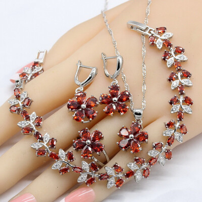 

Flower Shape Red Garnet 925 Silver Logo Jewelry Sets For Women Necklace Pendant Bracelets Earrings Rings