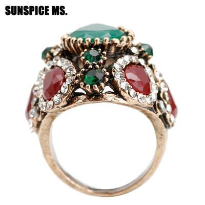 

Ethnic Turkish Resin Natural Stones Vintage Rings For Women Antique Gold Color Water Drop Crystal Love Rings Wedding Jewelry New