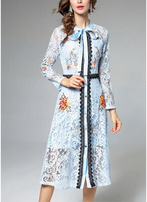 

Women Elegant Lace Dress Tie Neck Long Sleeve Vintage Party Dress Homecoming Dress
