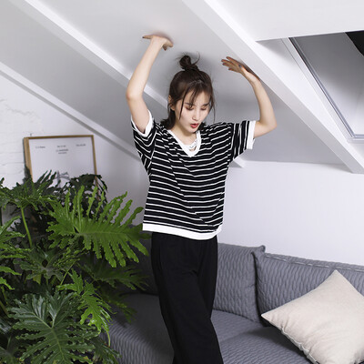 

Haizhining 17W38 pajamas ladies V-neck fashion casual striped short-sleeved pants cotton home clothes two-piece girl home service suit black 165