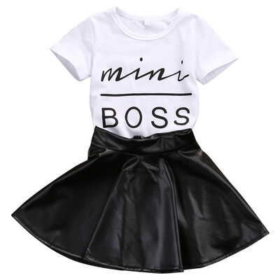 

Summer Fashion 2PCS Toddler Infant Kids Girl Clothes Set Mini Boss T-shirt Tops Leather Skirt Outfit Child Suit