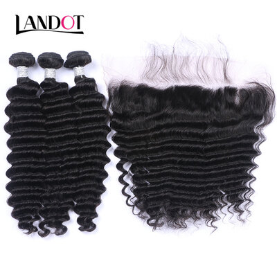 

9A Lace Frontal Closures With 3 Bundles Malaysian Virgin Human Hair Weaves Deep Wave Curly 4 Pcs Unprocessed Remy Hair Extensions