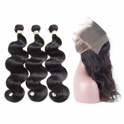 

HCDIVA Peruvian Virgin Hair Body Wave 3 Bundle Hair with Pre Plucked 360 Lace Frontal Closure with baby hair&adjustable brand