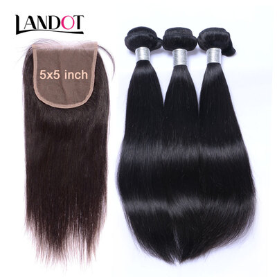 

8A Size 5x5 Lace Closure With 3 Bundles Cambodian Virgin Hair Straight 4 Pcs Lot 100 Human Hair Weaves And Closures Natural Black