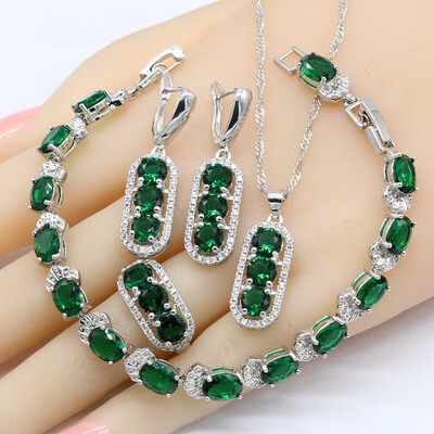 

925 Silver Bridal Jewelry Sets Women Green Emerald White Topaz Necklace Pendant Earrings Ring Bracelet