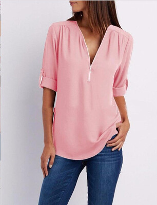 

Plus Size XS-5XL Women Sexy Deep V Neck Chiffon Zipper Shirt Ladies Fashion Casual Long Sleeves Tops Loose Long Shirt Blouse