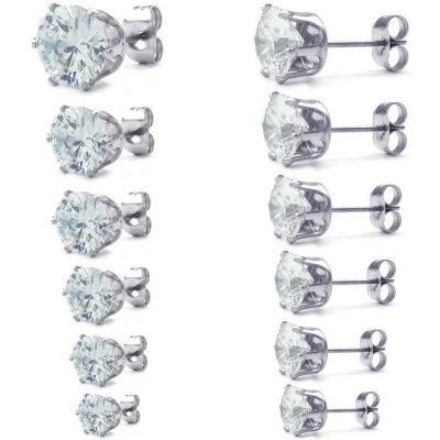 

Hpolw Mens Womens Cubic Zirconia Stainless Steel Round Stud Earring set, 3-8mm 6 Pairs, Silver