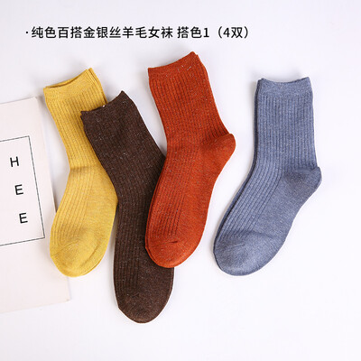 

TOLORINIE 4 pairs of fashion womens socks thick warm solid color wild gold&silver silk autumn&winter models wool womens socks color 3