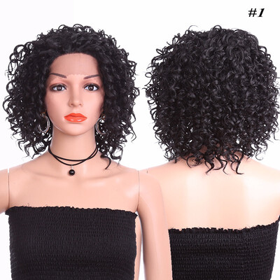 

14inch Short Kinky Curly Wigs High Temperature Synthetic Lace Front Wig For Women Free Part Natual Full Black Wigs