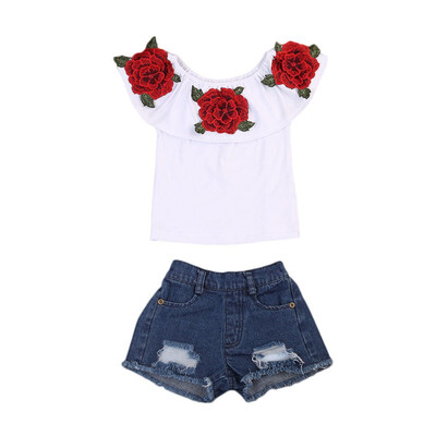 

Summer Baby Kids Girls Clothes 3D Flower print sleeveless Ruffle round neck pullover T-Shirts Denim Hole Pants 2pc cotton Set