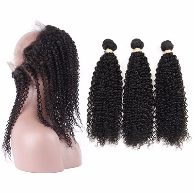 

HCDIVA Malaysian Virgin Hair Kinky Curly 3 Bundle Hair with 360 Lace Frontal Closure with Baby Hair Natural Black For Black Women