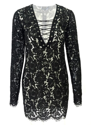

Sexy Women Lace Dress Deep 2018 V Neck Crisscross Bandage Long Sleeve Slim Bodycon Mini Dress
