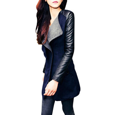 

CT&HF Fashion Autumn Winter Coat Women Long Sleeves PU and Woolen Outerwear
