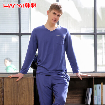 

Han Cai HACAI pajamas mens long sleeve modal cotton V-neck solid color mens fashion suit blue 185110 3XL