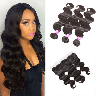 

Glary 8A Indian Body Wave Human Hair Lace Frontal With 3 Bundles Hair Weave Unprocessed Virgin Hair Natural Black Free Shipping