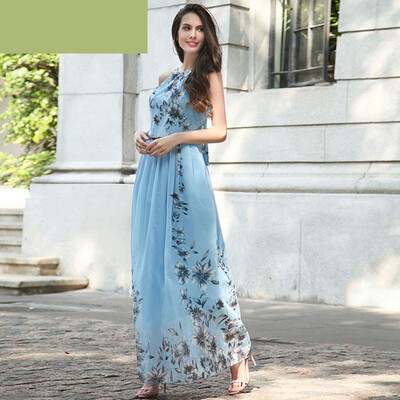 

2018 Summer Women Dress Chiffon Floral Print Halter Tunic Sleeveless Pleated Long Maxi Party Boho Dresses With Belt Vestidos