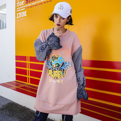

Female 2018 New Spring Loose Long O-neck Casual Tide Embroidery Stitching Lantern Sleeve Tops Loose Sweatshirts