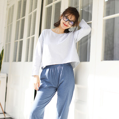 

Haizhining 17W49 Pajamas ladies sexy colorful nine-point sleeves long-sleeved trousers cotton home service suit home clothes two-piece pink blue 160 M