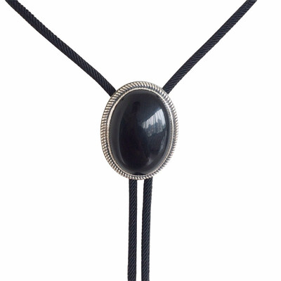 

New Original Vintage Sterling Silver 926 Nature Black Obsidian Stone Bolo Tie