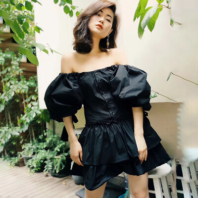 

Off Shoulde Dress Female Slash Neck Puff Sleeve Lace Up Tunic High Waist A Line Dresses 2018 Summer Oversize Sweet