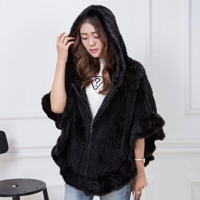 

MSMinShu Hand Knitted Mink Fur Poncho Women Real Fur Cape Hooded Coat Zipper Fashion Ladys Outwear Genuine Mink Fur Shawl
