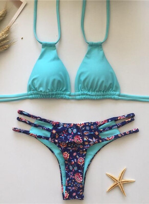 

2018 Floral Print Halter Bandage Sexy Women Bikini Set