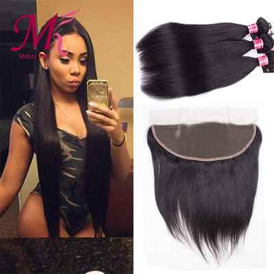 

Moko Hair Straight Human Hair Lace Frontal Closure With 3 Bundles Brazilian Hair Weave Natural Black Human Hair Free Shipping