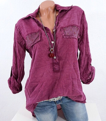 

2018 New Womens Fashion Long Sleeve Lapel Pure Color Casual Loose Blouse