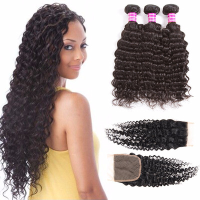 

8A Deep Wave Brazilian Virgin Human Hair Bundles with Lace Closure Free Part Unprocessed Human Hair Weaves