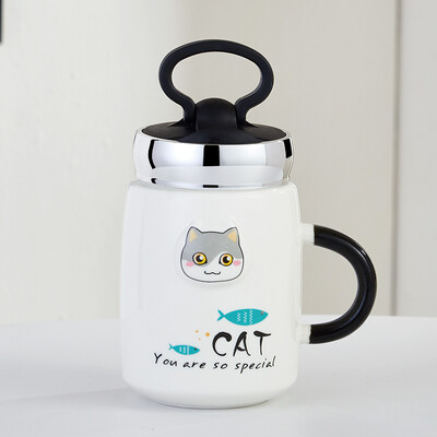 

Youlaifu Multifunctional Mark Cup Cup with lid Ceramic Cup Coffee Cup Cartoon Cover Cup Gray Face Cat
