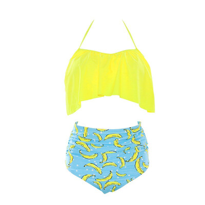 

Fashion Sexy Women Ruffle Swimwear Vintage High Waist Striped Bottom Bikini Set