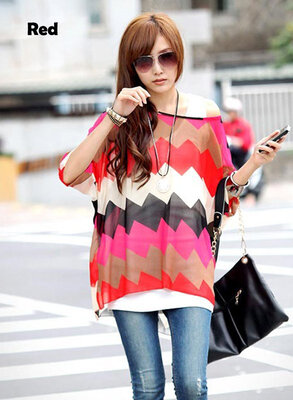

Womens Batwing Sleeve Zigzag Stripe Loose Top Shirt