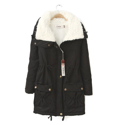 

Women Winter Thick Fleece Coat Drawstring Lapel Hoodie Slim Jacket Trench Parka