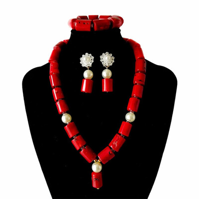 

Fashion Red True Coral Necklace Earrings Bangle Set African Jewelry Set Luxury Brand Nigerian Wedding Women Costume Jewelry