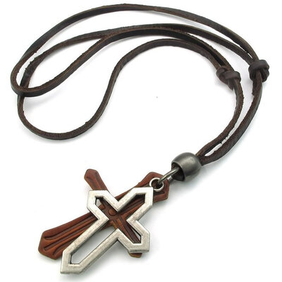 

Hpolw New Design Vintage Mens&Womens Silver&Brown Cross Pendant Adjustable Brown Genuine Leather Necklace Chain