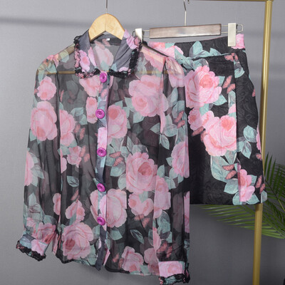 

Skirt Suits For Women Floral Lantern Sleeve Ruffles Shirt With High Waist Bodycon Pocket Mini Skirts 2018 Summer OL
