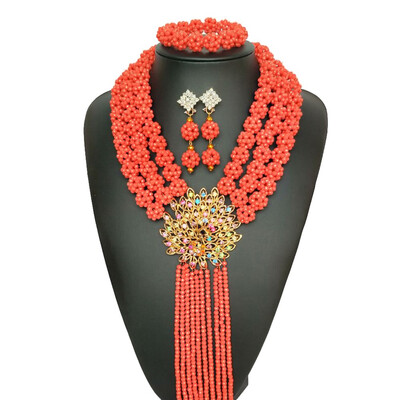

Delicate Bridal Statement Necklace African Wedding Beads Jewelry Set For Women Orange Nigerian Girl Party Costume Jewelry Set
