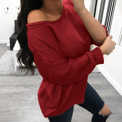 

Autumn Dress Round Neck Long Sleeved Shoulder Dress Pure Color Sweater