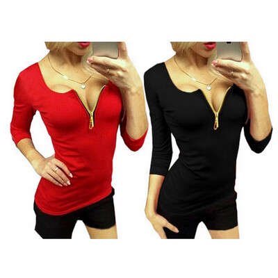 

Sexy Slim V-neck T-shirt zipper shirt