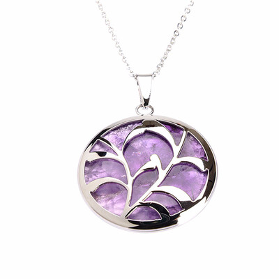

Round Natural Plant Purple Quartz Crystal Pendant Stainless Steel Necklaces 17"
