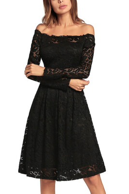 

Vintage Lace Off the Shoulder Long Sleeve A Line Pleated Dress